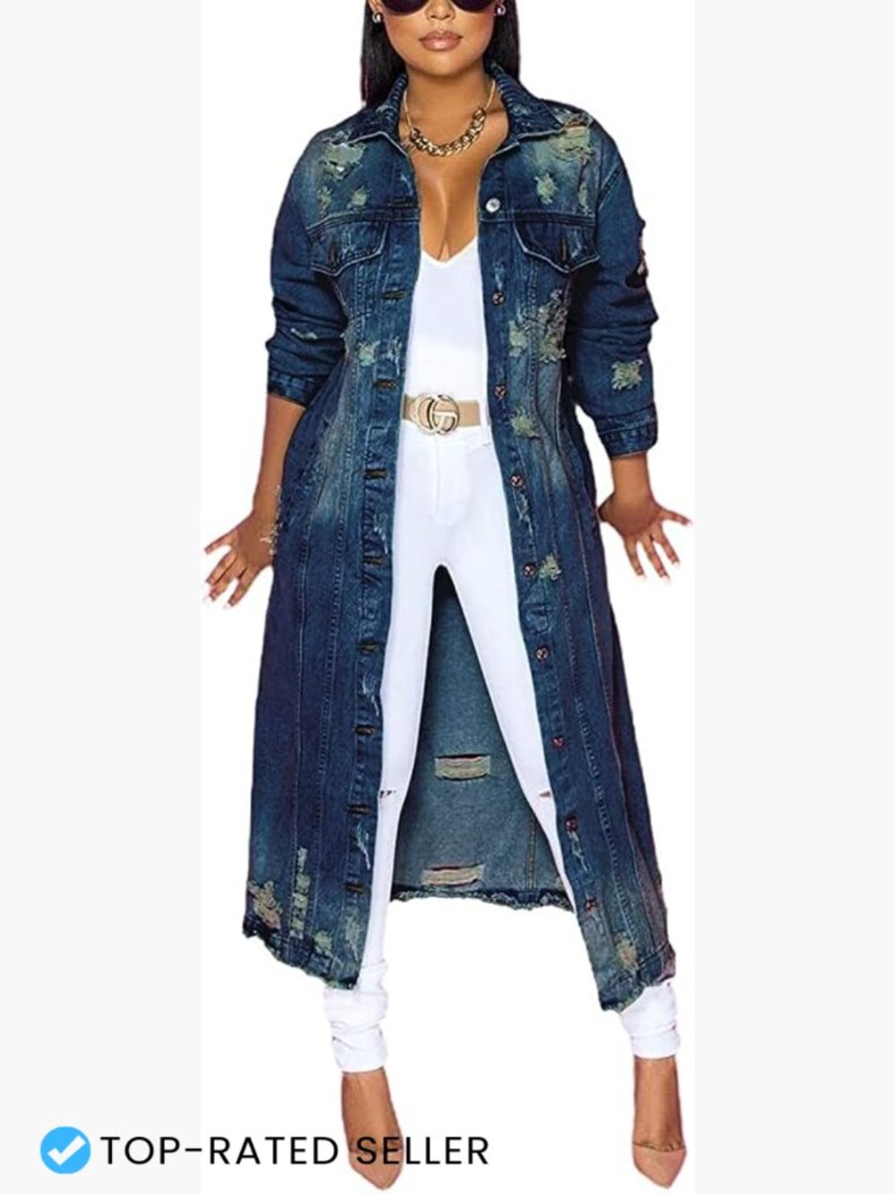 Women's Long Denim Trench Coat Ripped Distressed Maxi Jacket Chic Vintage